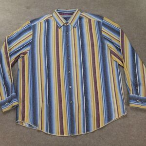 Tommy Bahama Shirt Mens XL Blue Yellow Maroon Striped Button Up Long Sleeve